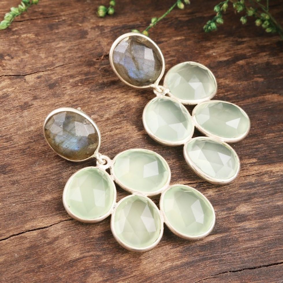 Hand Crafted Labradorite and Green Onyx Dangle Earrings 'Melodic Cluster in Light Green'