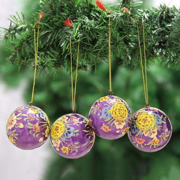 Alternate image for Beautiful Floral Papier Mache Ornaments Set of 4 Mughal Holiday in Purple