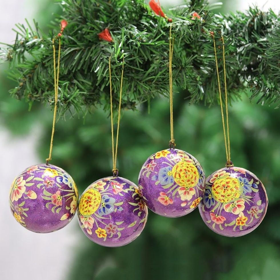 Beautiful Floral Papier Mache Ornaments Set of 4 'Mughal Holiday in Purple'