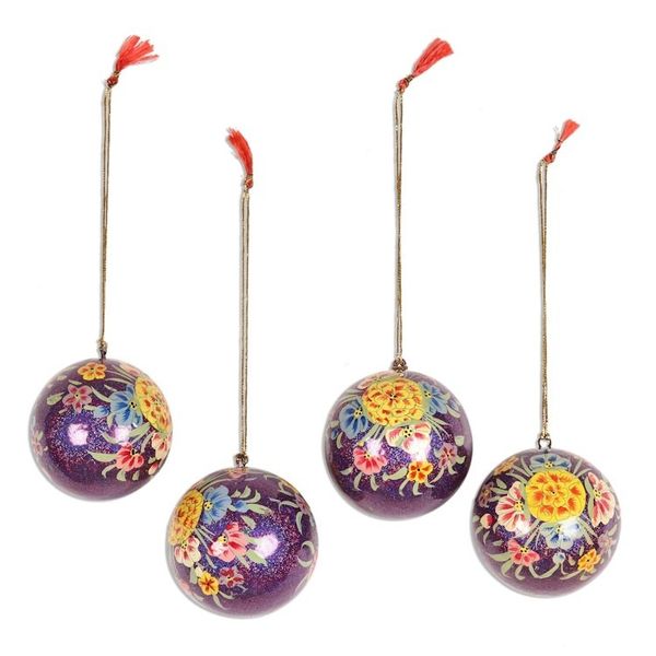 Alternate image for Beautiful Floral Papier Mache Ornaments Set of 4 Mughal Holiday in Purple