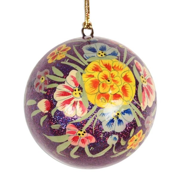 Alternate image for Beautiful Floral Papier Mache Ornaments Set of 4 Mughal Holiday in Purple