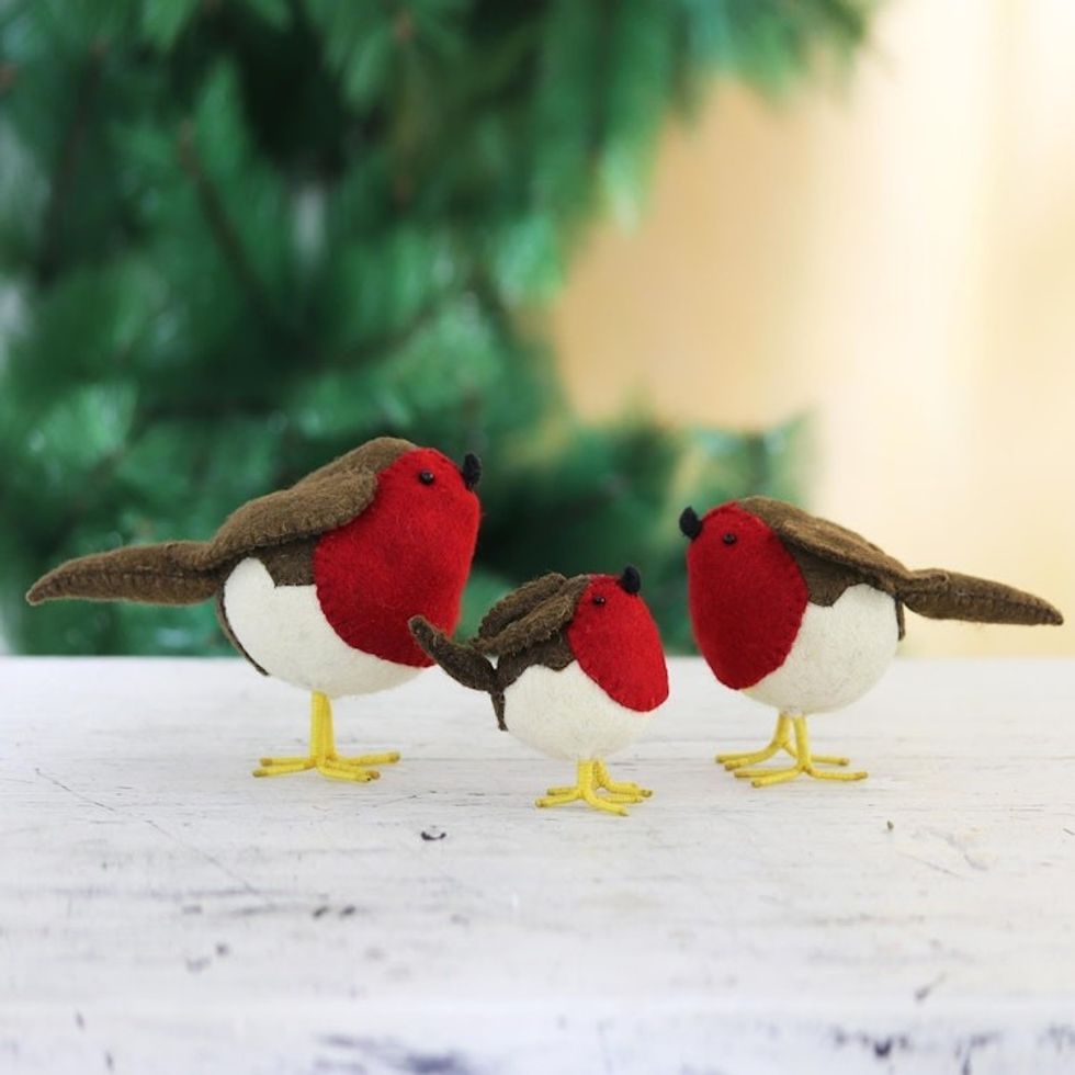 Set of 3 Wool Felt Robins with Glass Bead Eyes 'Round Robins'