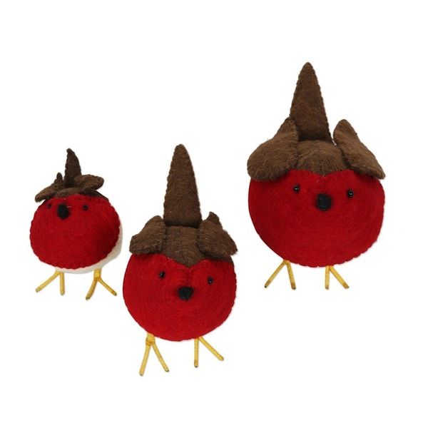 Alternate image for Set of 3 Wool Felt Robins with Glass Bead Eyes Round Robins