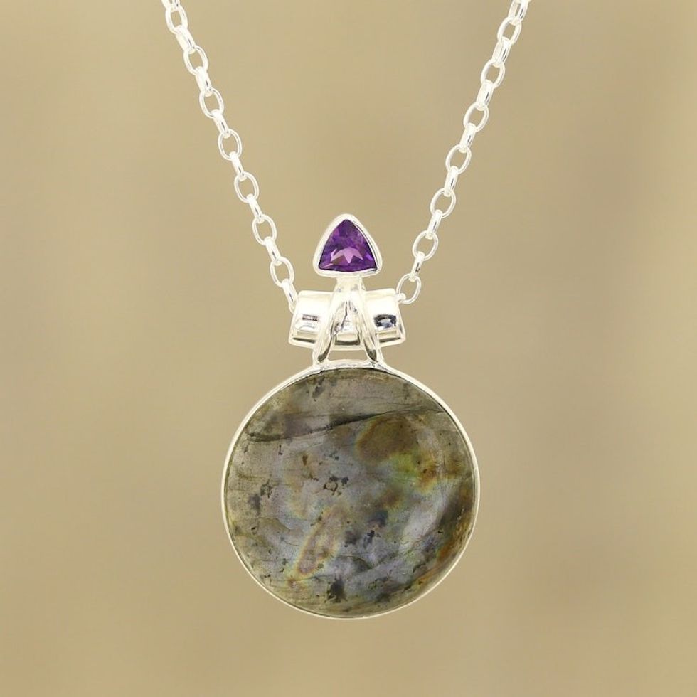 Labradorite and Amethyst Pendant Necklace from India 'Fascinating Moon'
