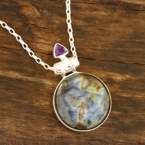 Alternate image for Labradorite and Amethyst Pendant Necklace from India Fascinating Moon