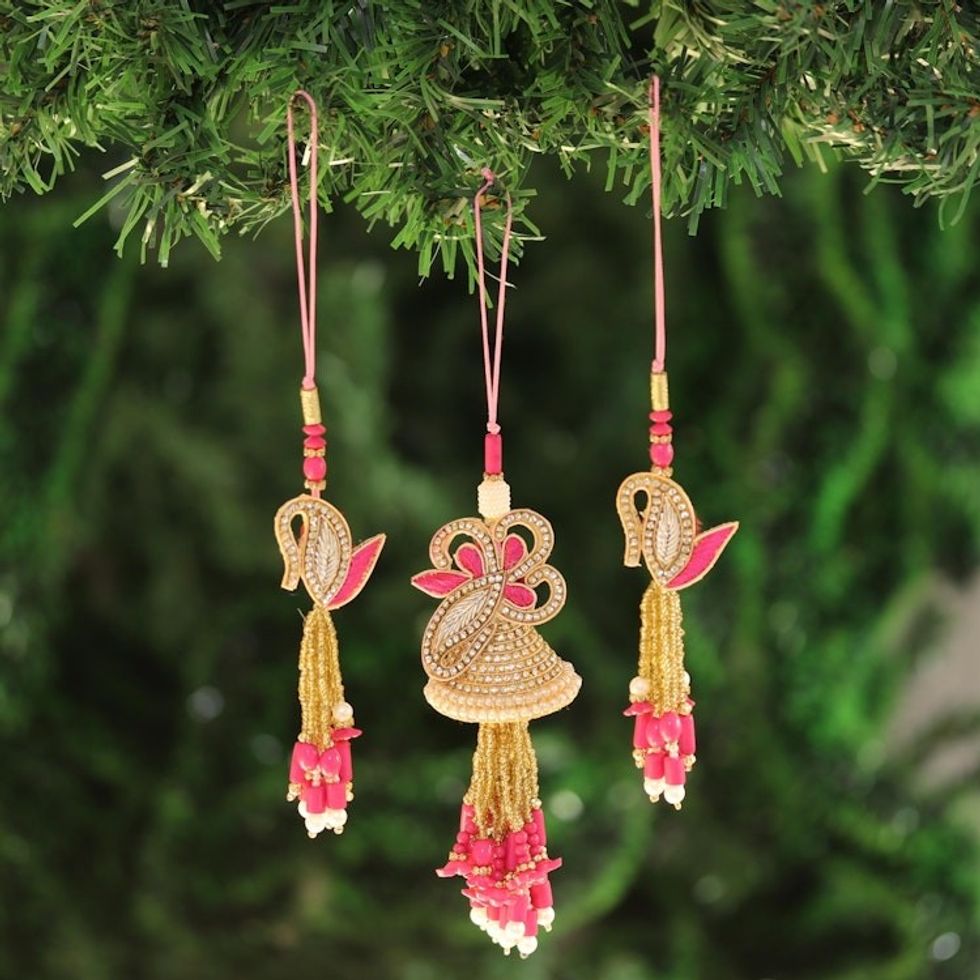 Gold and Pink Beaded Ornaments from India Set of 3 'Holiday Glamour in Pink'