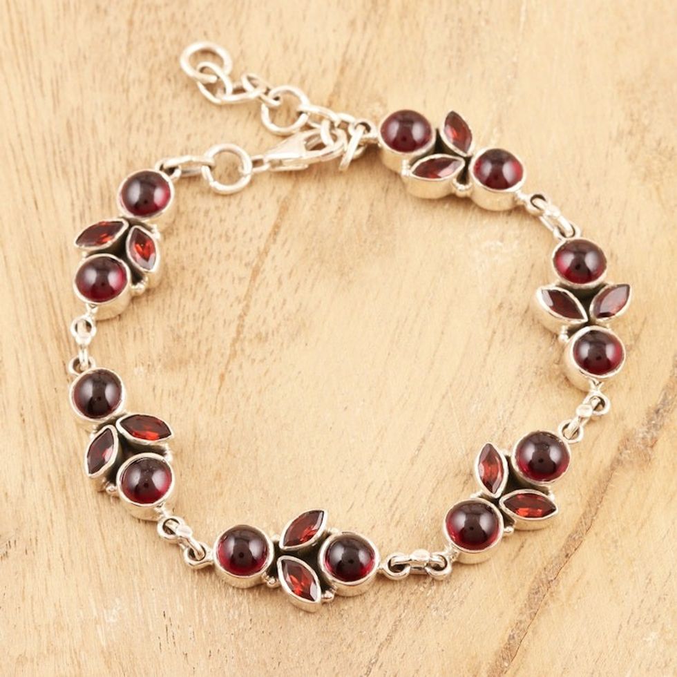 Natural Garnet Sterling Silver Link Bracelet 'Cherries in the Snow'