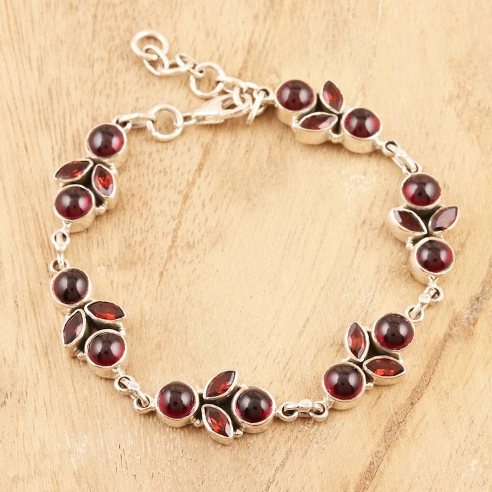 Natural Garnet Sterling Silver Link Bracelet 'Cherries in the Snow'