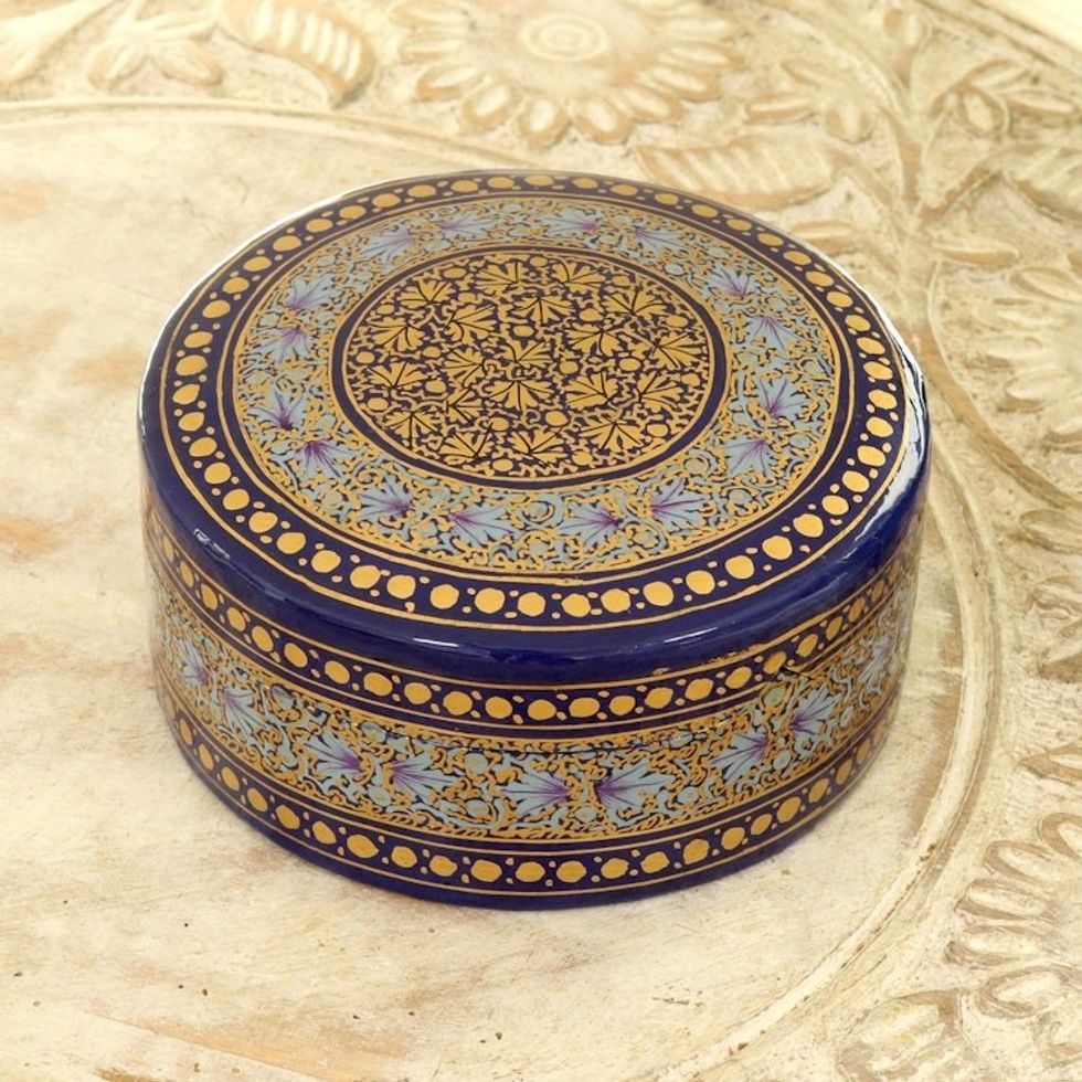 Round Wood and Papier Mache Decorative Box 'Kashmir Cobalt'