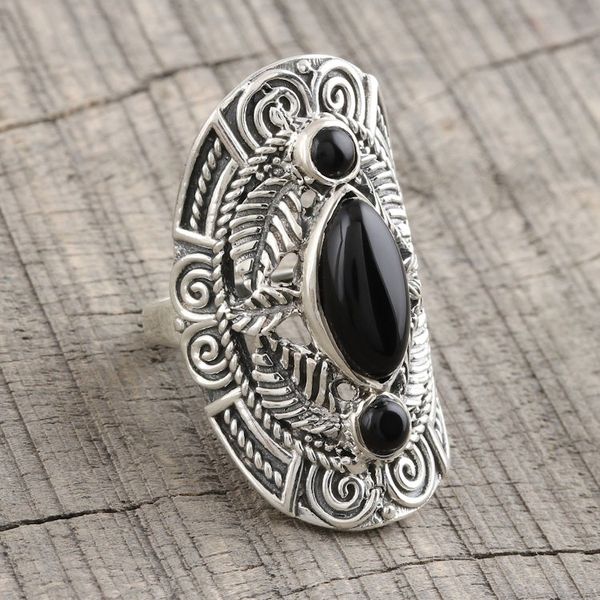 Alternate image for Leaf-Pattern Onyx Cocktail Ring from India Leaves of Midnight