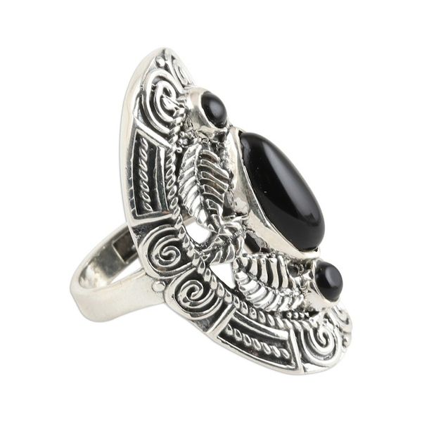 Alternate image for Leaf-Pattern Onyx Cocktail Ring from India Leaves of Midnight