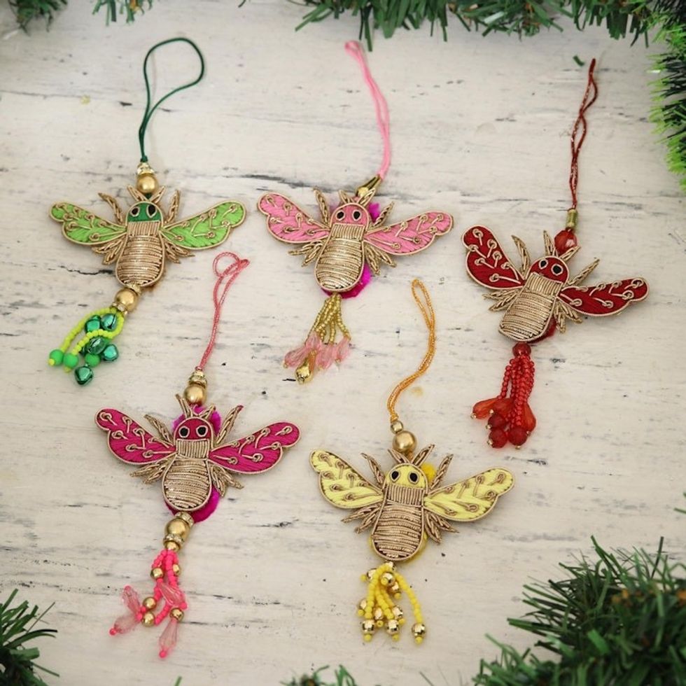 Assorted Beaded Bee Ornaments from India Set of 5 'Colorful Bees'