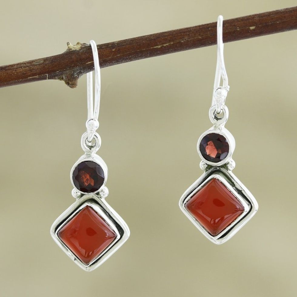 Hand Crafted Garnet and Carnelian Gemstone Dangle Earrings 'Soaring Kite'
