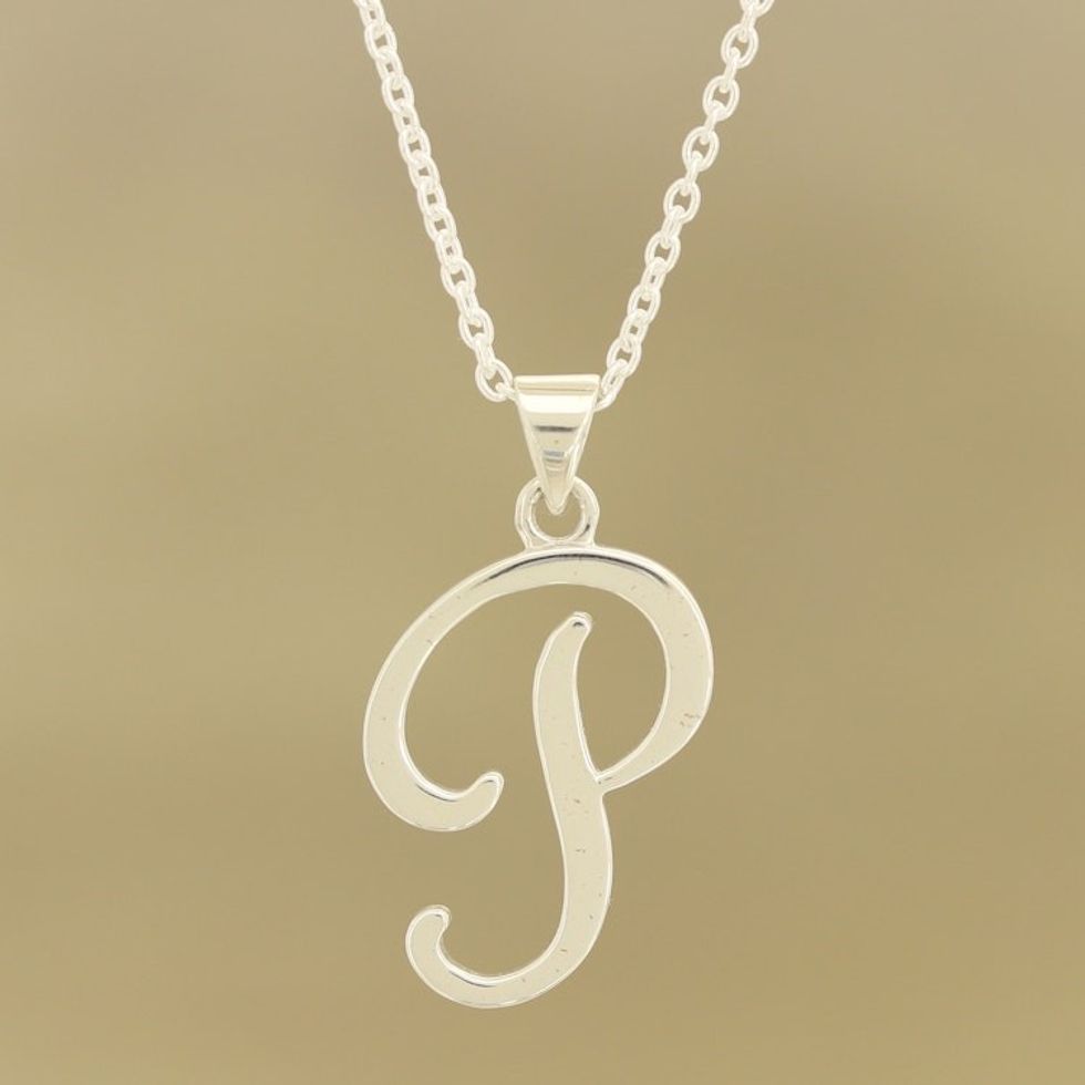 Sterling Silver Letter P Pendant Necklace from India 'Dancing P'