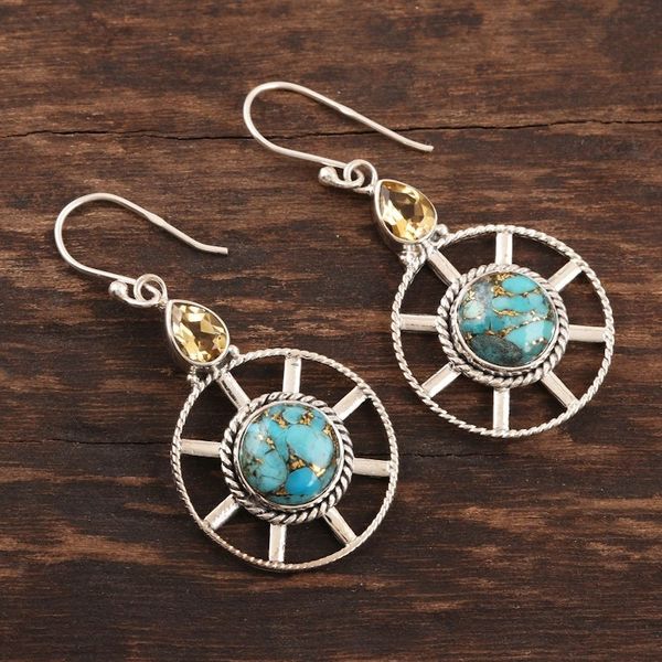 Alternate image for Wheel-Shaped Citrine and Composite Turquoise Earrings Wheel in the Sky