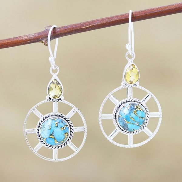 Alternate image for Wheel-Shaped Citrine and Composite Turquoise Earrings Wheel in the Sky