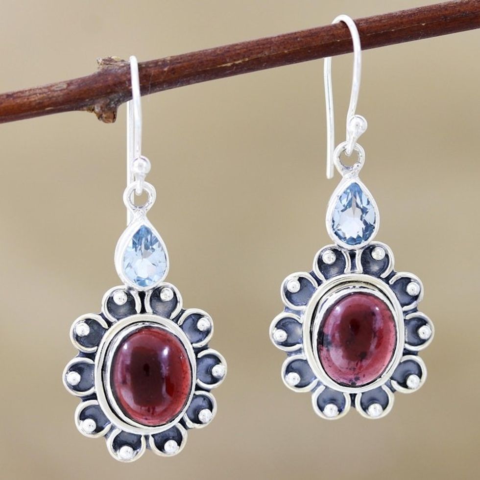 Oxidized Flower Earrings with Garnet and Blue Topaz 'Winning Combination'