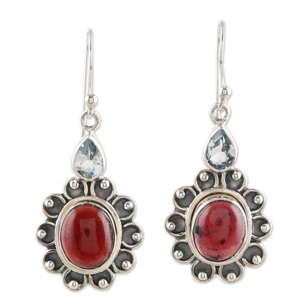Alternate image for Oxidized Flower Earrings with Garnet and Blue Topaz Winning Combination