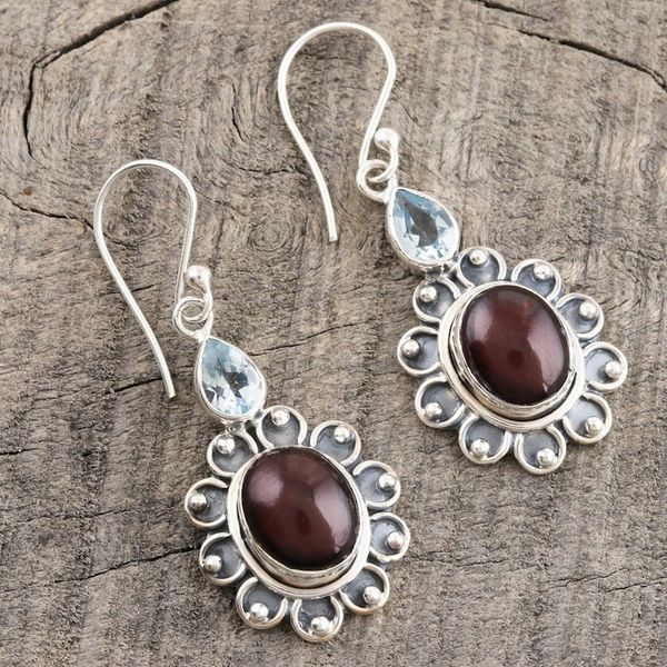 Alternate image for Oxidized Flower Earrings with Garnet and Blue Topaz Winning Combination