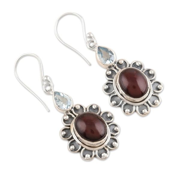 Alternate image for Oxidized Flower Earrings with Garnet and Blue Topaz Winning Combination