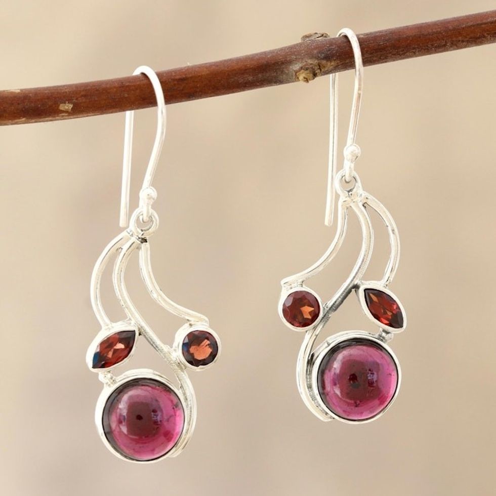 Garnet Gemstone Dangle Earrings 'Triple Fascination'