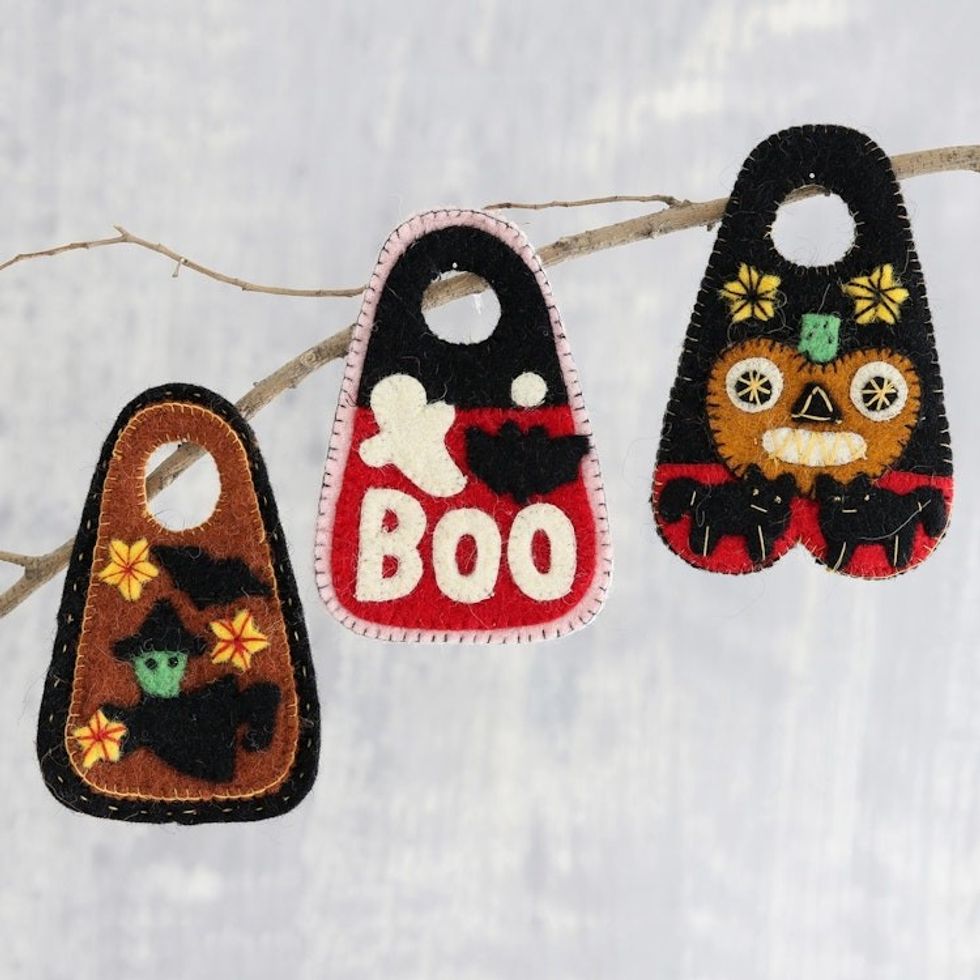 Handmade Wool Felt Halloween Door Hangers Set of 3 'Halloween Greetings'