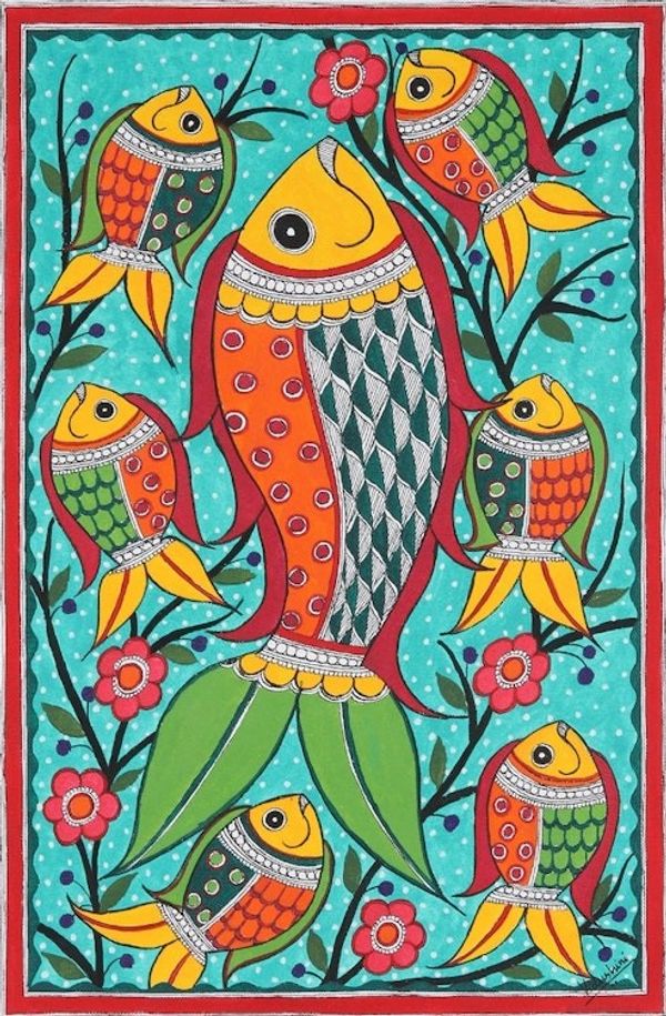 Alternate image for Madhubani Style Fish Painting Fish Family