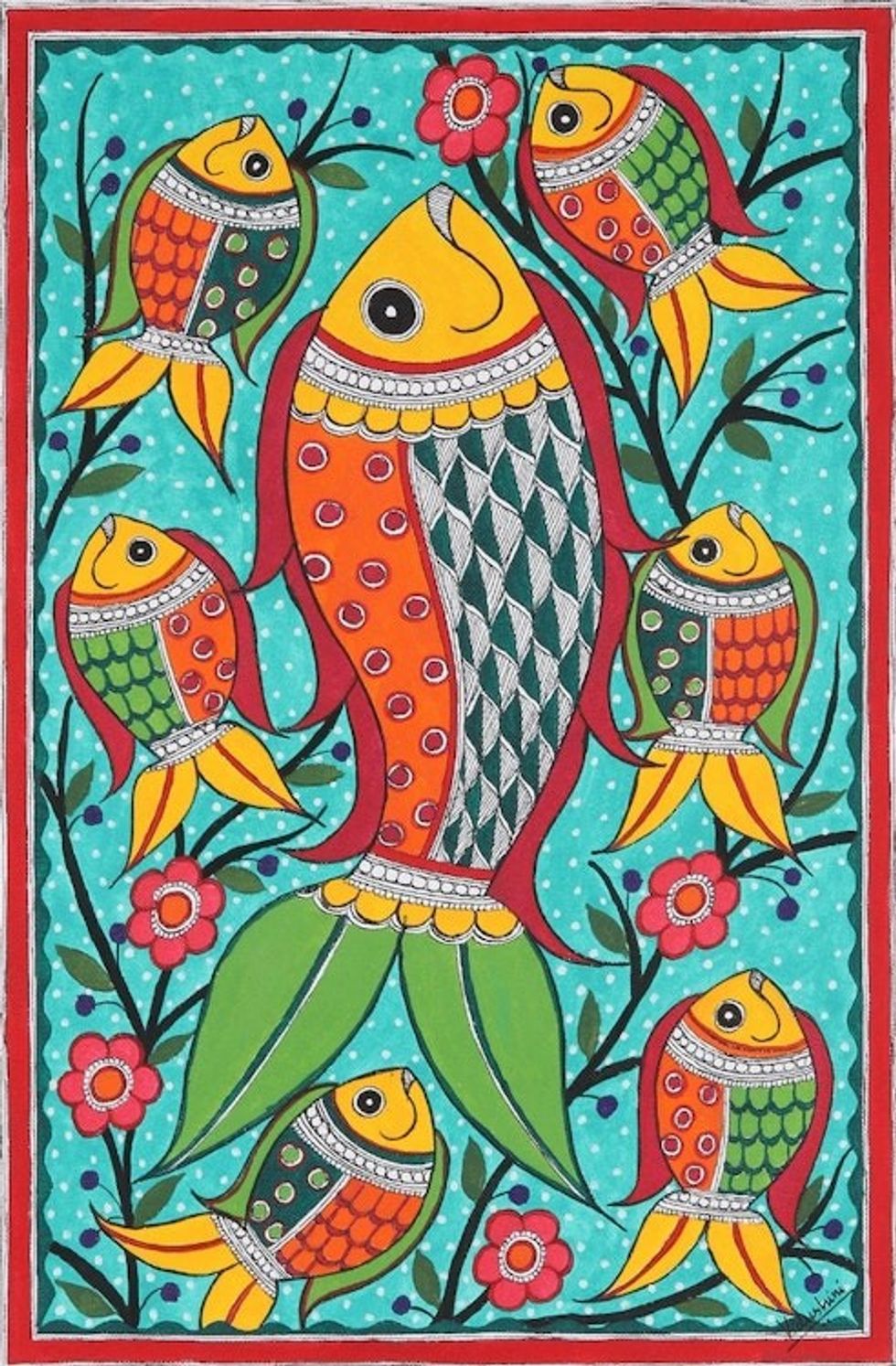 Madhubani Style Fish Painting 'Fish Family'
