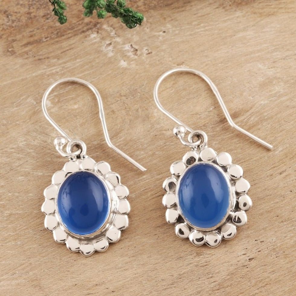 Oval Chalcedony Dangle Earrings Crafted in India 'Radiant Petals'