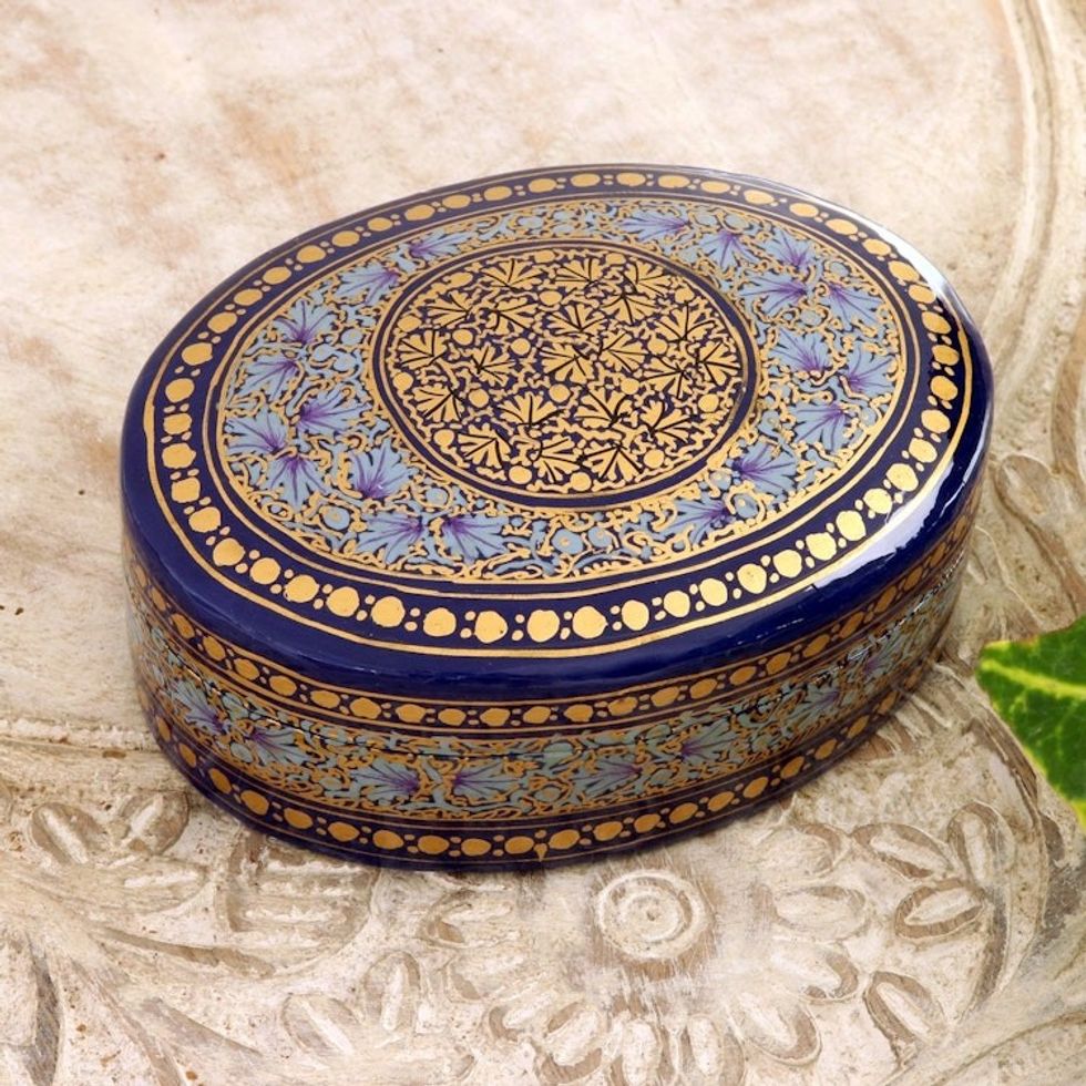 Velvet-Lined Blue and Gold Trinket Box from India 'Kashmir Blue'