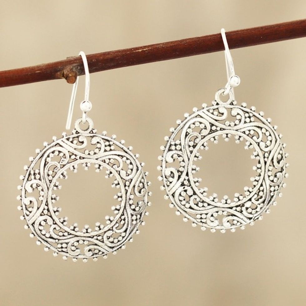 Vine Pattern Sterling Silver Dangle Earrings from India 'Ring of Vines'