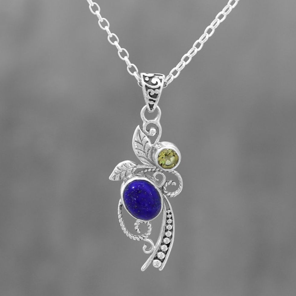 Leafy Lapis Lazuli and Citrine Pendant Necklace from India 'Royal Shimmer'