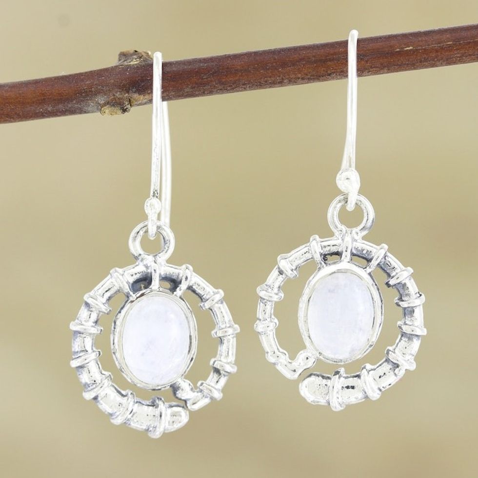 Sterling Silver and Rainbow Moonstone Dangle Earrings 'Misty Coil'
