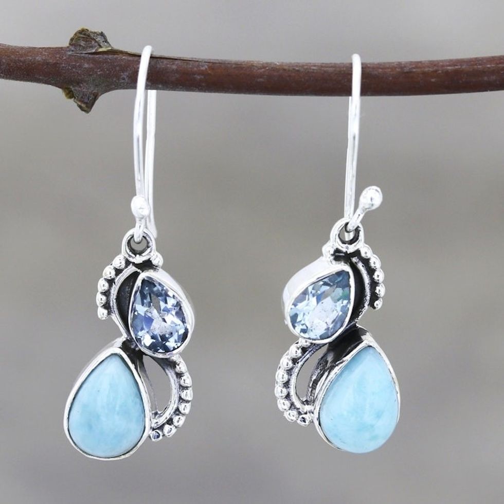 Blue Topaz and Larimar Teardrop Dangle Earrings from India 'Two Teardrops'