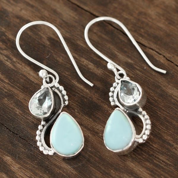 Alternate image for Blue Topaz and Larimar Teardrop Dangle Earrings from India Two Teardrops