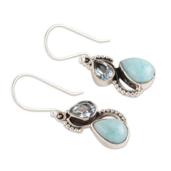 Alternate image for Blue Topaz and Larimar Teardrop Dangle Earrings from India Two Teardrops