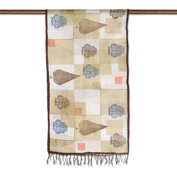 Alternate image for Hand Woven and Hand Painted Silk Scarf Bengali Blocks