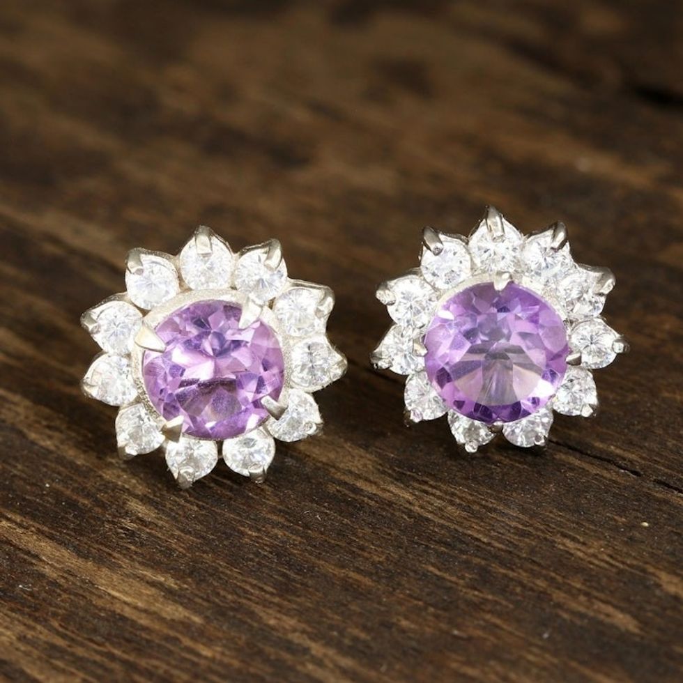 Floral Amethyst Stud Earrings Crafted in India 'Gleaming Flower'