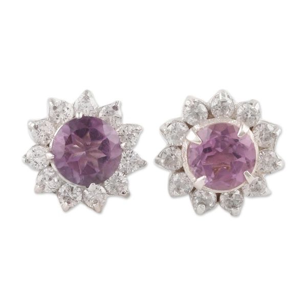 Alternate image for Floral Amethyst Stud Earrings Crafted in India Gleaming Flower