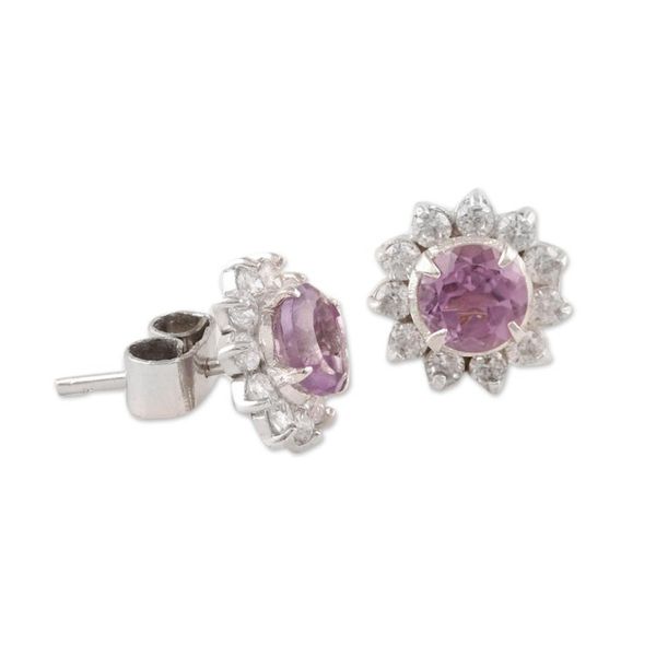 Alternate image for Floral Amethyst Stud Earrings Crafted in India Gleaming Flower