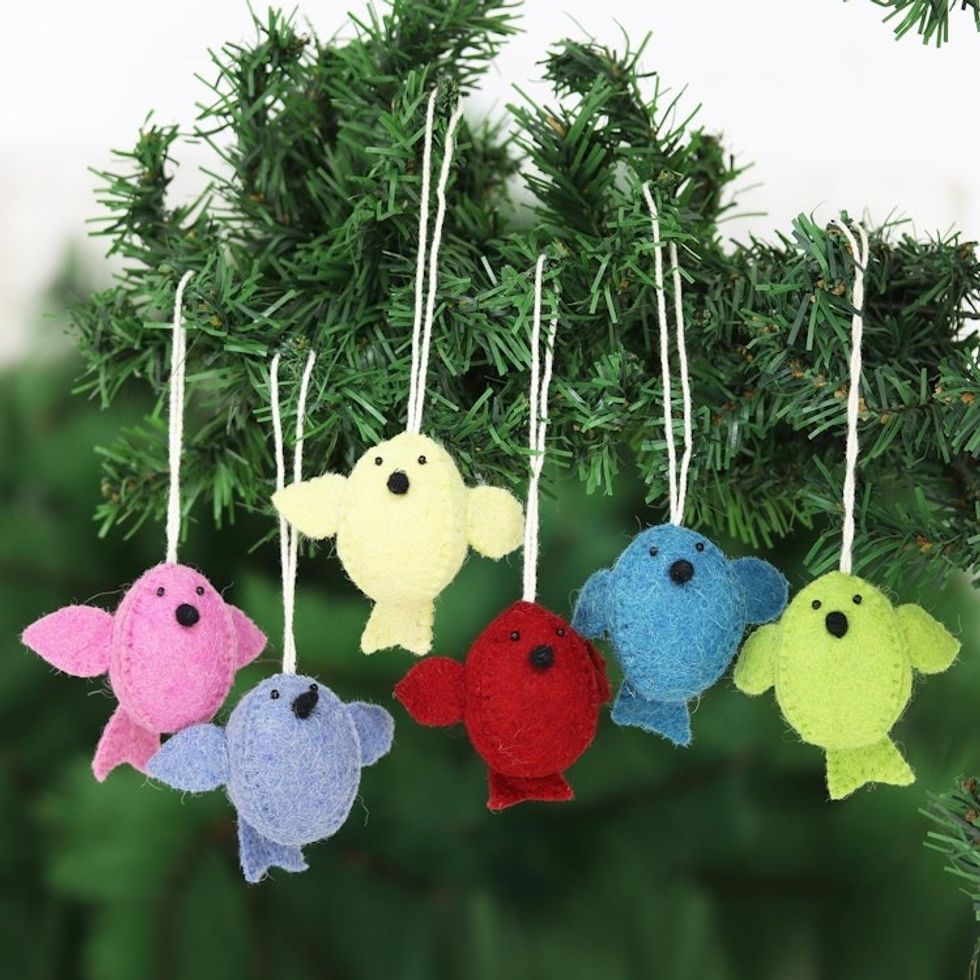 Set of 6 Wool Felt Songbird Ornaments 'Six Birds A-Singing'