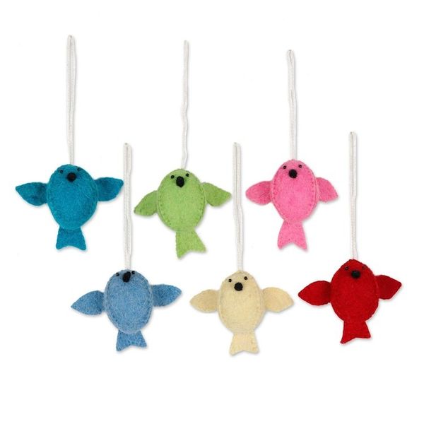 Alternate image for Set of 6 Wool Felt Songbird Ornaments Six Birds A-Singing