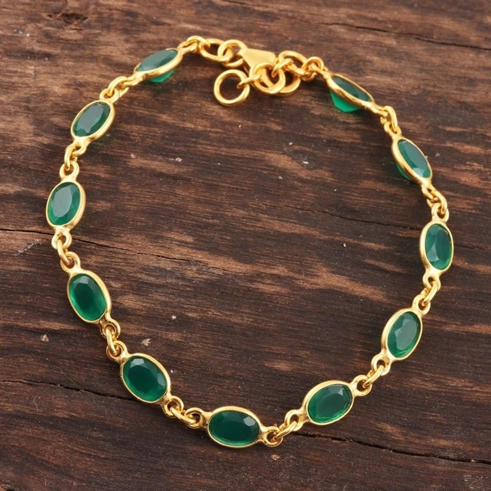 11-Carat Gold Plated Green Onyx Link Bracelet from India 'Verdant Glitz'