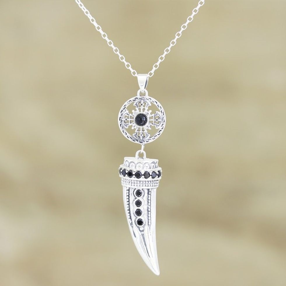 Handmade Sterling Silver and Onyx Pendant Necklace 'Tusk'