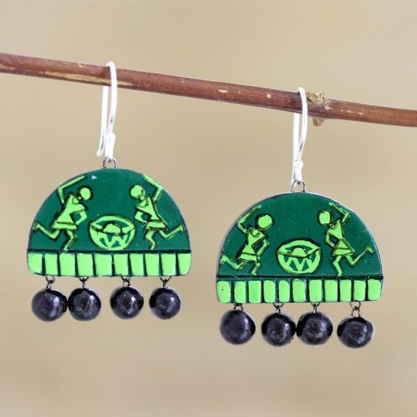 Alternate image for Hand Crafted Green Ceramic Dangle Earrings from India Dancing Drummers