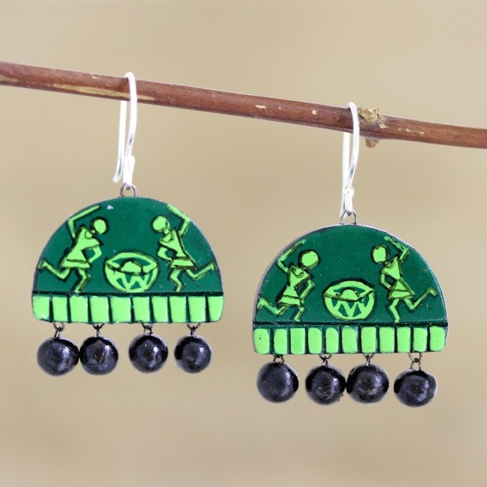 Hand Crafted Green Ceramic Dangle Earrings from India 'Dancing Drummers'