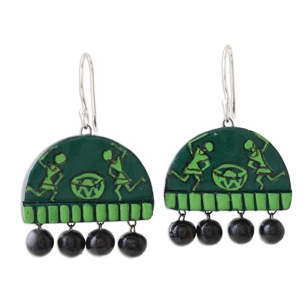 Alternate image for Hand Crafted Green Ceramic Dangle Earrings from India Dancing Drummers