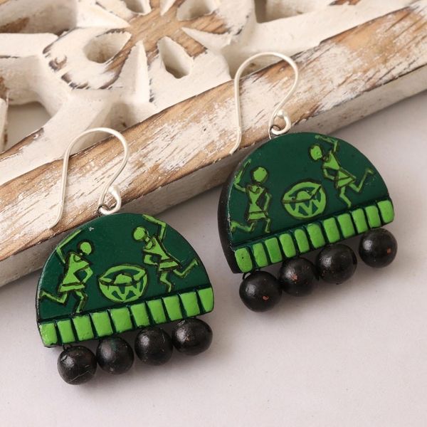 Alternate image for Hand Crafted Green Ceramic Dangle Earrings from India Dancing Drummers