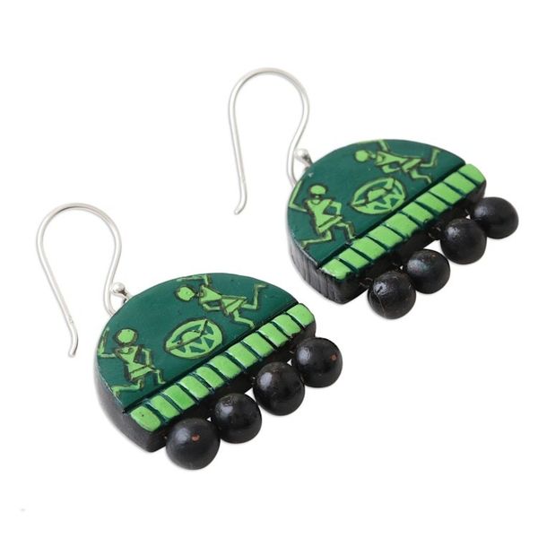 Alternate image for Hand Crafted Green Ceramic Dangle Earrings from India Dancing Drummers