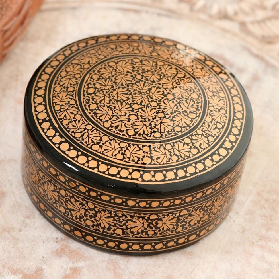 Velvet-Lined Black and Gold Decorative Box 'Kashmir Luxury'